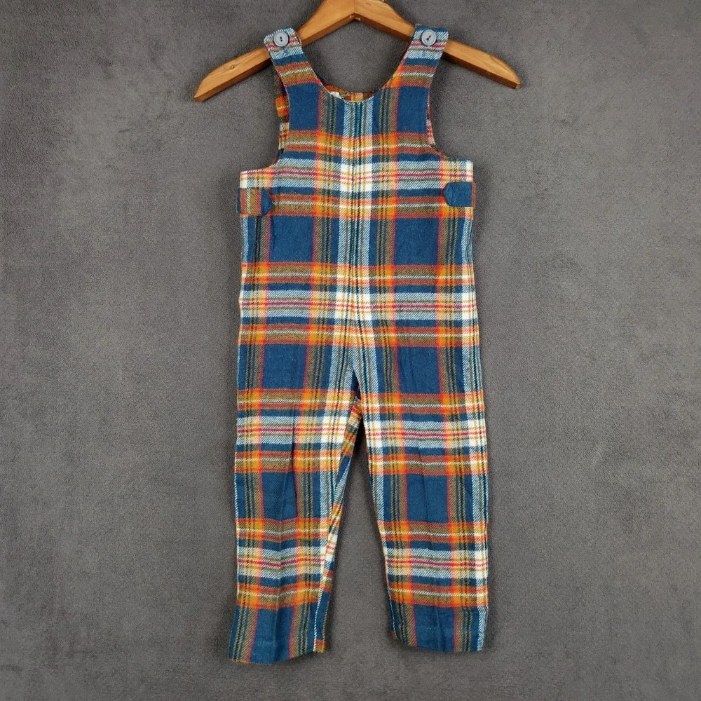 Vintage Corn Cobber Bib Overalls Kids 5 Blue Orange Plaid Retro 70s 80s Farm